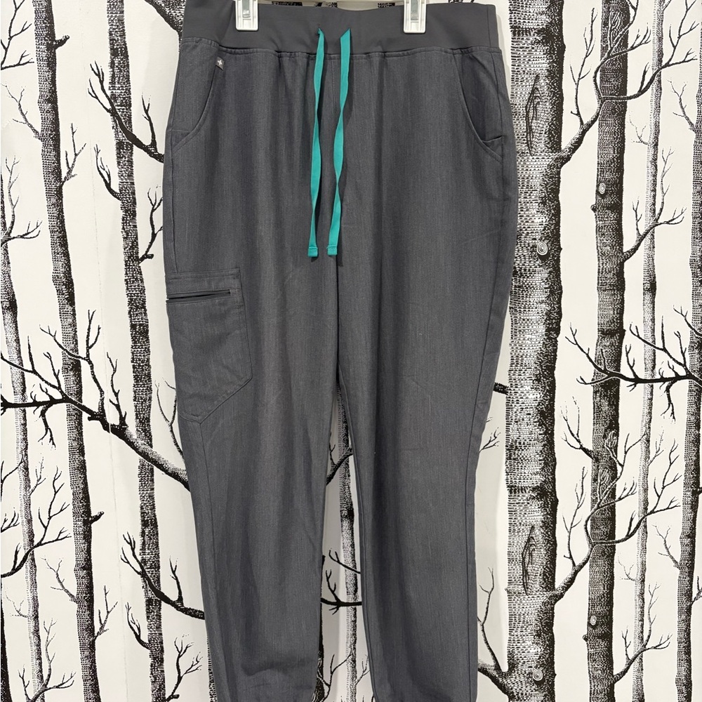 Figs Women's Charcoal Gray Track Pants with Teal Drawstring